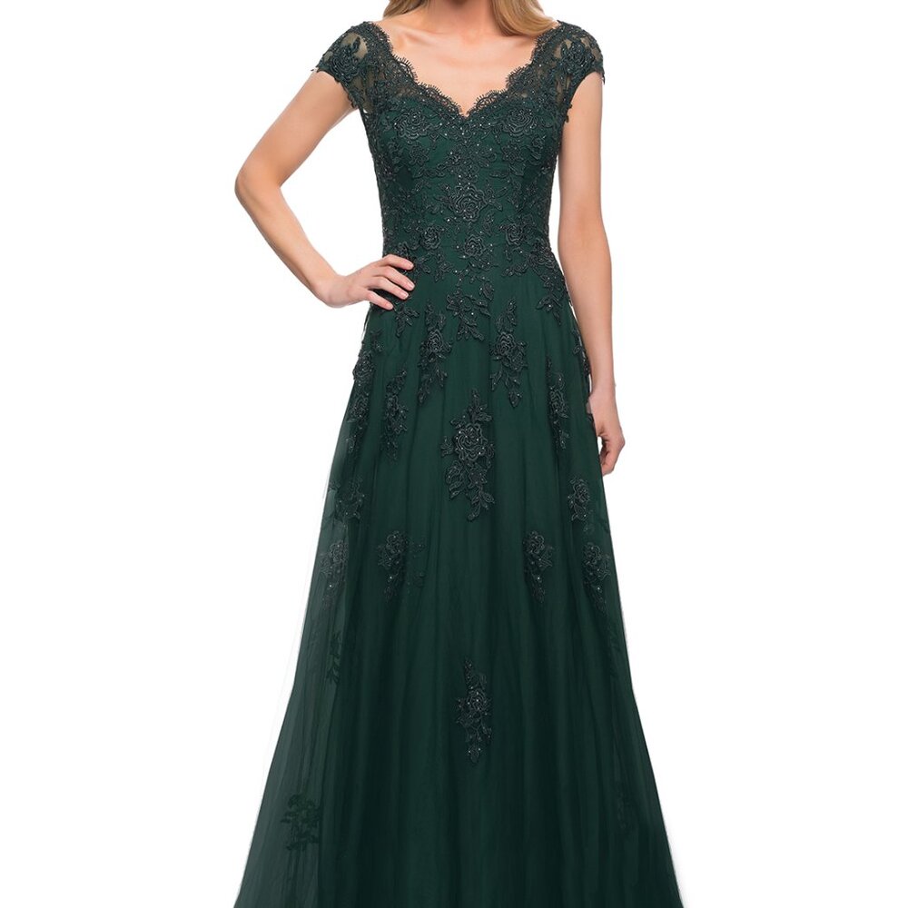 La Femme Emerald Lace A-Line Prom Dress